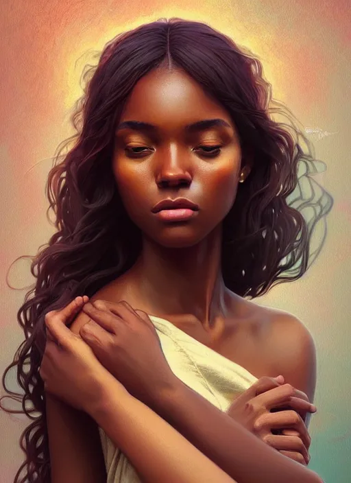 Image similar to beautiful young black women with shoulder length brown hair, half body shot, path traced, highly detailed, high quality, digital painting, alena aenami, lilia alvarado, shinji aramaki, karol bak, alphonse mucha, tom bagshaw