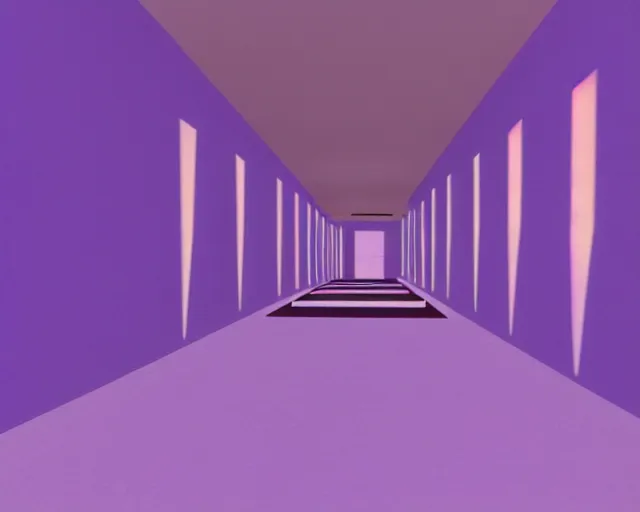 Prompt: a long hallway with a purple wall and some stairs, a hologram by michelangelo, cg society, harlem renaissance, y 2 k aesthetic, vaporwave, 1 9 9 0 s