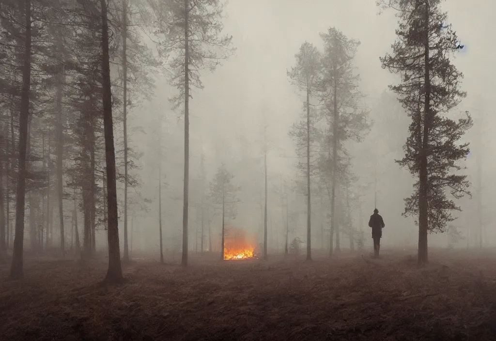 Image similar to a man in trench coat standing in front of a large forest wooden cabin that is on fire, night, foggy, gloomy, mysterious, artstation, jakub rozalski, high detail