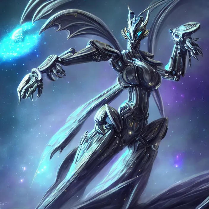 Image similar to goddess shot, galactic sized stunning beautiful anthropomorphic robot mecha female dragon, in space, larger than planets, posing elegantly, the earth a mere marble in her claws, detailed silver armor, epic proportions, epic scale, detailed digital art, ultra detailed, furry art, macro art, dragon art, giantess, warframe fanart, furaffinity, deviantart, realistic