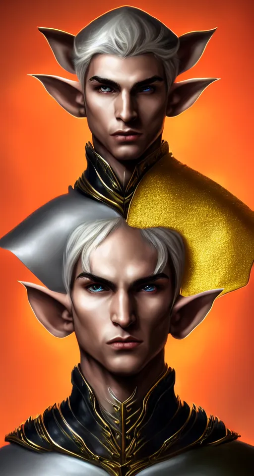 Image similar to A medium shot portrait of a male elf, he is about 20 years old, attractive, lean but muscular, serious composure, short silver hair, prideful look, he is wearing black heavy armor with gold plating and a red cape, highly detailed portrait, digital painting, ArtStation, concept art, smooth, sharp focus illustration, ArtStation HQ