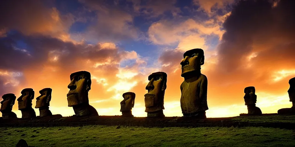 Image similar to amazing landscape photo of astronaut in easter island at dawn by Marc Adamus beautiful dramatic lighting