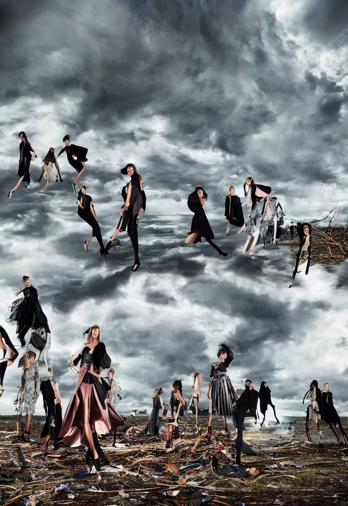 Image similar to fashion editorial in a tornado. wide angle shot. highly detailed.