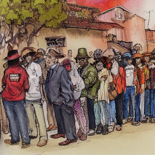 Prompt: A beautiful painting of a group of people waiting in line to vote. burnt umber by Sam Kieth magnificent