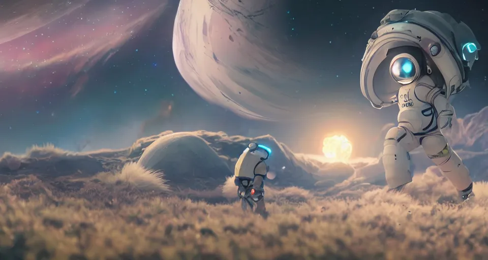 Image similar to astroneer chasing a distant spaceship Anime, wide angle, fine details, cinematic. galaxy starscape. realistic shaded lighting by Ilya Kuvshinov Giuseppe Dangelico Pino and Michael Garmash and Rob Rey greg rutkowski, octane render, IAMAG premiere, aaaa achievement collection, elegant freckles, cinematic hologram, fabulous, daily deviation, 4k, 8k, annual award winner