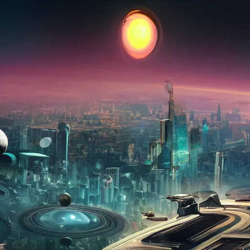 Prompt: An otherworldly futuristic cityscape with the planet Saturn looming large in the background, ultra realistic