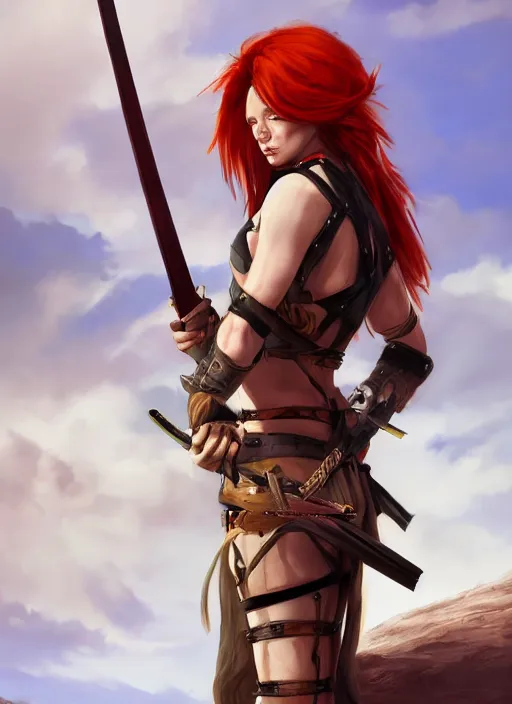Image similar to Redhead female fighter with katana in desert, fantasy, medieval, vivid colors, fantasy, elegant, concept art, sharp focus, beautiful face, digital art, Hyper-realistic, 4K, Unreal Engine, Highly Detailed, HD, Dramatic Lighting by Brom, trending on Artstation