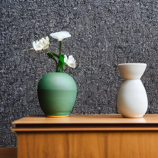 Prompt: a photo of 8k Ikebana in flower vase, ikenobo, ohararyu, sougetsu, wide angle, full body, sony a7r3, ultra detail, photorealistic, in simple background