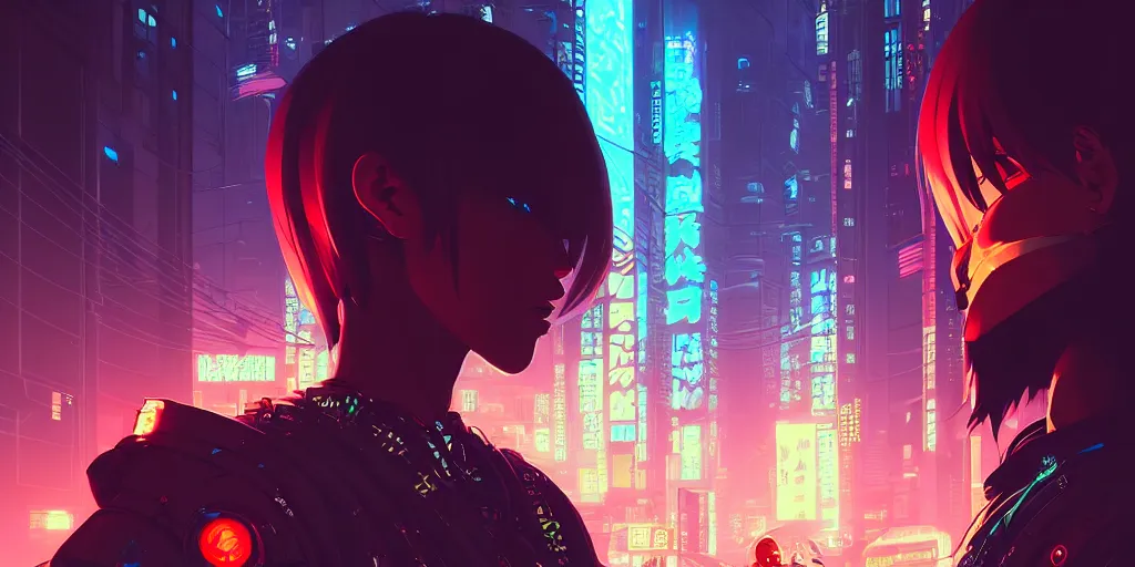 Image similar to digital illustration closeup portrait of cyberpunk samurai in city street at night by makoto shinkai, ilya kuvshinov, lois van baarle, rossdraws, basquiat | afrofuturism, in the style of hearthstone, trending on artstation | cool color scheme