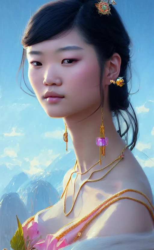 Image similar to a beautiful young charming asian goddess with sundress and jewelry | | winter, realistic shaded, unpleasant face, good looking, fine details, dior, lv, realistic shaded lighting poster by greg rutkowski, macoto takahashi, magali villeneuve, artgerm, jeremy lipkin and michael garmash