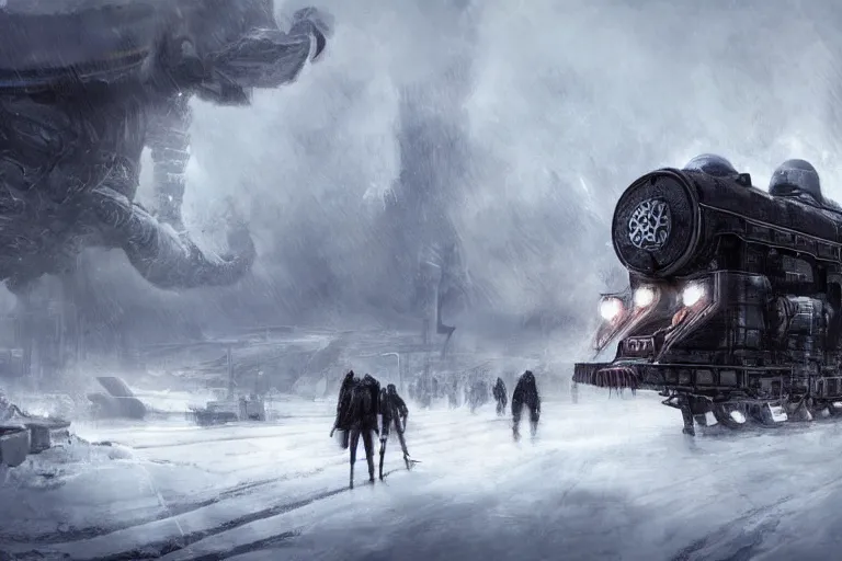 Image similar to an intricate futuristic black steam train and a giant mammoth, post - apocalyptic ice landscape in snowstorm, concept art, artstation, highly detailed, digital art