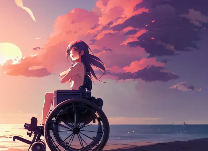 Image similar to side view of cute girl, sunset sky in background, beach landscape, illustration concept art anime key visual trending pixiv fanbox by wlop and greg rutkowski and makoto shinkai and studio ghibli and kyoto animation, futuristic aerodynamic wheelchair, symmetrical facial features, future clothing, backlit