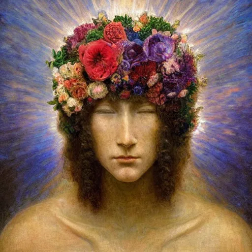 Image similar to masterpiece painting of a facemask made of flowers, by annie swynnerton and jean delville and tino rodriguez, flower mask, symbolist, dramatic lighting, god rays, elaborate geometric ornament, soft cool colors, smooth, sharp focus, extremely detailed