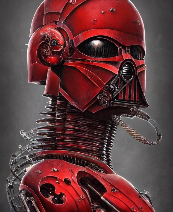 Image similar to a red steampunk darth vader with mechanical tendrils resembling spinal columns extending from his body, by HR Giger and Beksiński and Stephan Martiniere , 4k resolution, detailed, trending on artstation