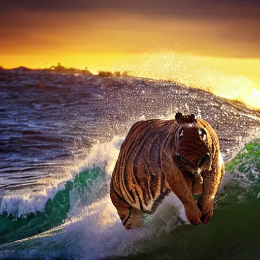 Image similar to a closeup photorealistic photograph of a cute smiling knitted tiger hippopotamus riding an epic wave at sunset. surf in the background. professional capture. brightly lit scene. this 4 k hd image is trending on artstation, featured on behance, well - rendered, extra crisp, features intricate detail, epic composition and the style of unreal engine.