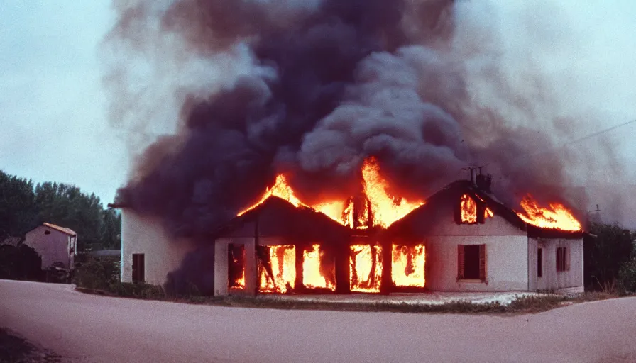 Prompt: 1 9 7 0 s movie still of a heavy burning house in a small french village, cinestill 8 0 0 t 3 5 mm, heavy grain, high quality, high detail, dramatic light, anamorphic, flares