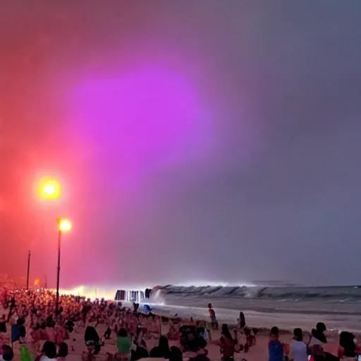 Image similar to a tsunami hitting a night concert at the beach, huge wave and people running