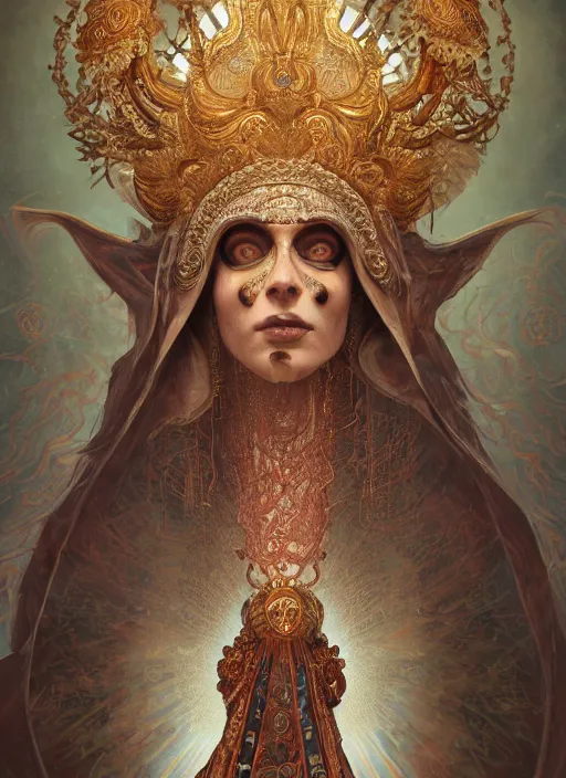 Prompt: slender high priest in a ornate heavy robe, eclesial headpiece, by james jean, karol bak, tomasz alen kopera, cgsociety and fenghua zhong, highly detailed, rim light, cinematic lighting, illustration, art, octane render, very coherent, cinematic, hyper realism, high detail, octane render, 8 k