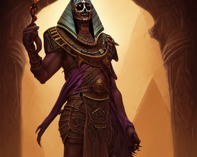 Prompt: an undead desert lich pharaoh, holding a goat head staff, egyptian, beetle, deep focus, d & d, fantasy, intricate, elegant, highly detailed, digital painting, artstation, concept art, matte, sharp, illustration, hearthstone, art by artgerm and greg rutkowski and alphonse mucha