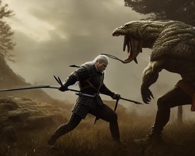 Image similar to 5 5 mm portrait photo of geralt fighting a hydra. magical atmosphere. art by greg rutkowski. highly detailed 8 k. intricate. lifelike. soft light. nikon d 8 5 0.