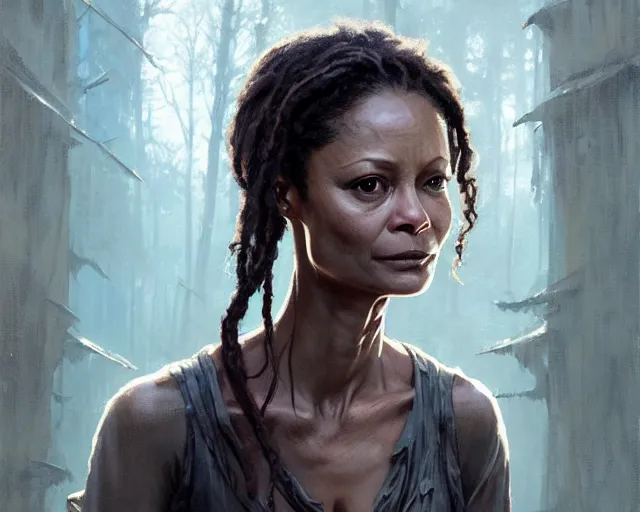 Image similar to highly detailed portrait of thandie newton in the walking dead, stephen bliss, unreal engine, fantasy art by greg rutkowski, loish, rhads, ferdinand knab, makoto shinkai and lois van baarle, ilya kuvshinov, rossdraws, tom bagshaw, global illumination, radiant light, detailed and intricate environment