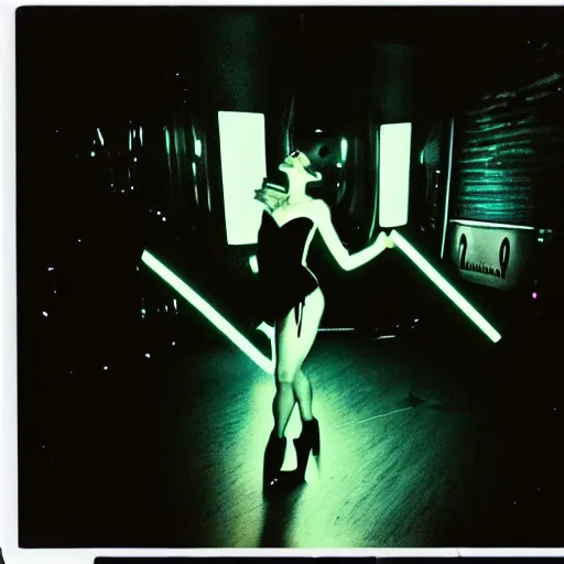 Image similar to polaroid of an attractive woman dancing, ibiza techno club, night, neon lighting, by mario testino : : ornate, dynamic, particulate, intricate, elegant, highly detailed, vogue, harper's bazaar art, fashion magazine, smooth, sharp focus, 8 k