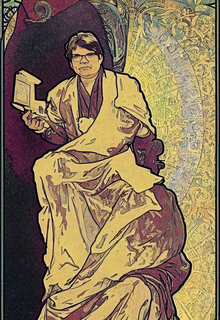 Image similar to Yann LeCun sitting on the throne on a tarot card, tarot in art style by Alphonse Mucha