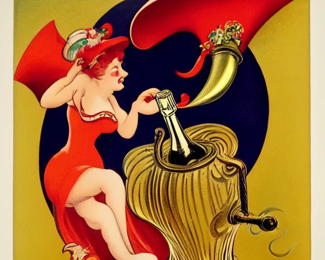 Prompt: cancan, melchizedek champagne bottle. leonetto cappiello, pur champagne damery, 1 9 0 2.