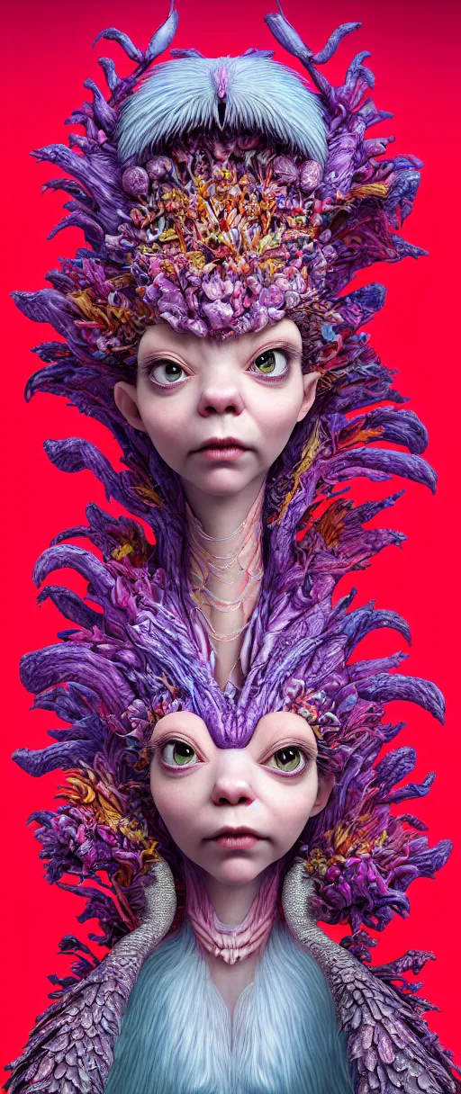 Image similar to hyper detailed 3d render like a Oil painting - kawaii portrait of quirky Aurora (a beautiful skeksis muppet fae queen from dark crystal that looks like Anya Taylor-Joy) seen red carpet photoshoot in UVIVF posing in scaly dress to Eat of the Strangling network of yellowcake aerochrome and milky Fruit and His delicate Hands hold of gossamer polyp blossoms bring iridescent fungal flowers whose spores black the foolish stars by Jacek Yerka, Ilya Kuvshinov, Mariusz Lewandowski, Houdini algorithmic generative render, Abstract brush strokes, Masterpiece, Edward Hopper and James Gilleard, Zdzislaw Beksinski, Mark Ryden, Wolfgang Lettl, hints of Yayoi Kasuma and Dr. Seuss, octane render, 8k