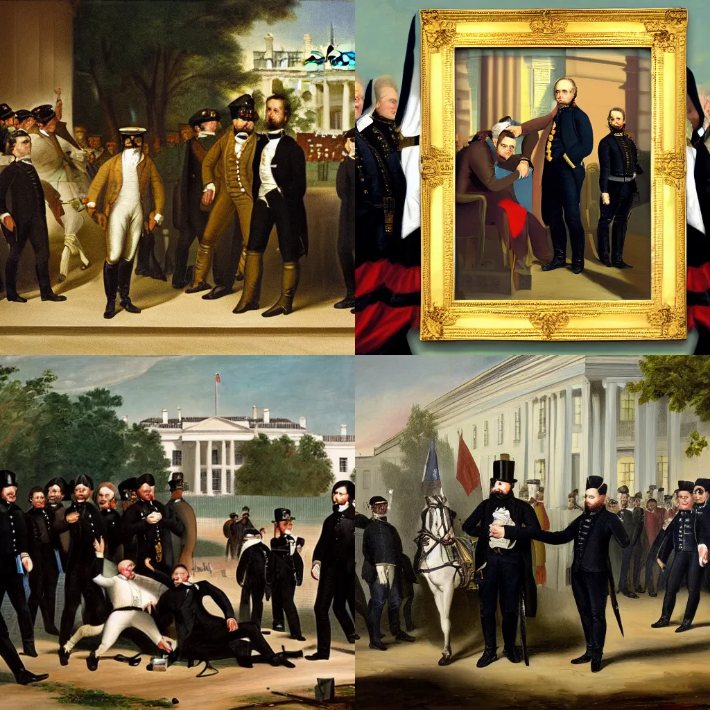 Prompt: oil on canvas painting of the president under arrest in front of the white house, 1840, digital art