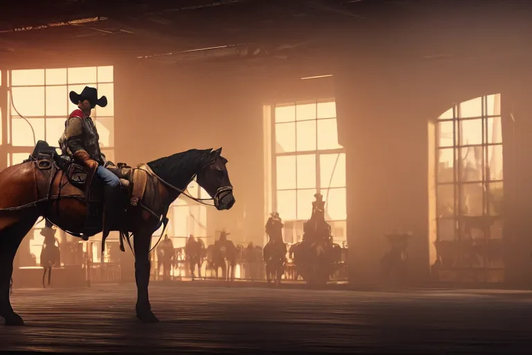 Prompt: photo from shoulder of a cowboy, riding a steampunk horse, on a futuristic shopping mall, cinematic lightning, ray tracing, unreal engine 5, photorealistic, 8 k, uhd, 4 k, red dead redemption 2 game concept, extremely detailed, beautiful, elegant, intricate, foggy, in - game footage