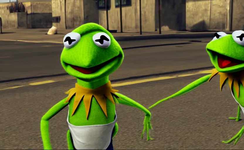 Image similar to kermit the frog in gta san andreas, cinematic shot, 4 k