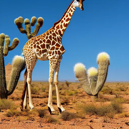 Prompt: giraffe grazing in the arid desert surrounded by cactus trees national geographic wild 400mm aspect ratio 24-70mm focal