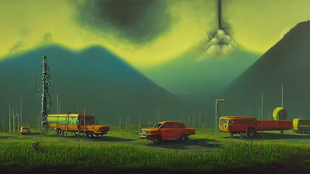 Prompt: Nuclear Nature harmony; by Oswaldo Moncayo; by Simon Stålenhag, oil on canvas; Location: Quito Ecuador