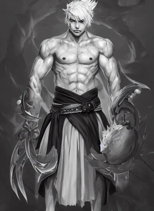 Image similar to a highly detailed illustration of fierce short white haired parted through the middle young attractive asian man, wearing hakama, with black sclera eyes, heroically battle posing, muscular, intricate, elegant, highly detailed, centered, digital painting, artstation, concept art, smooth, sharp focus, league of legends concept art, WLOP