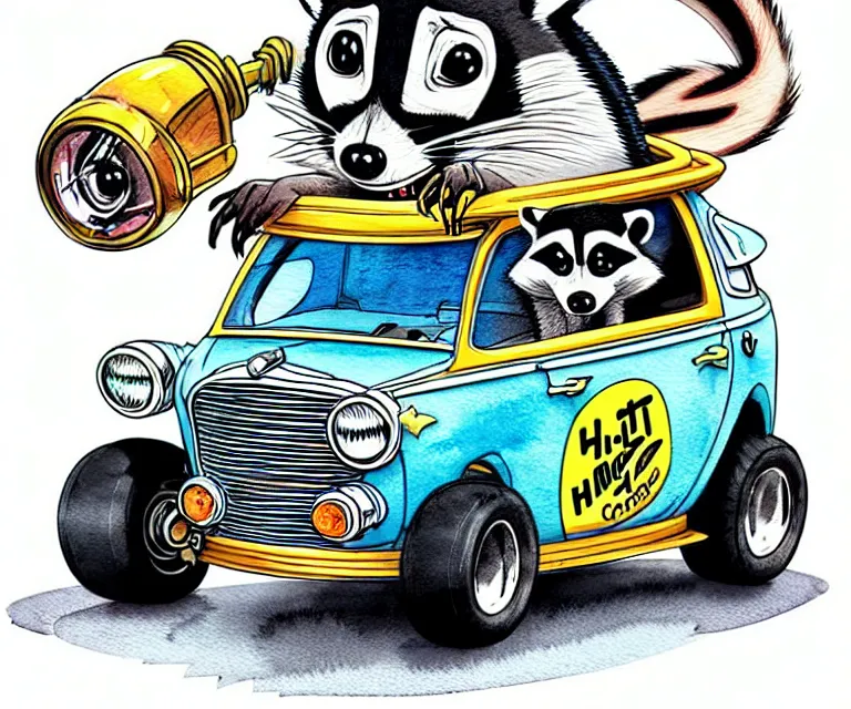 Image similar to cute and funny, racoon wearing a helmet riding in a tiny miniature little hot rod coupe with oversized engine, ratfink style by ed roth, centered award winning watercolor pen illustration, isometric illustration by chihiro iwasaki, edited by range murata