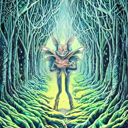 Image similar to dmt-machine-elves by artist-Nathan-Spoor, crawling across the circus floor, climbing up the winding trees