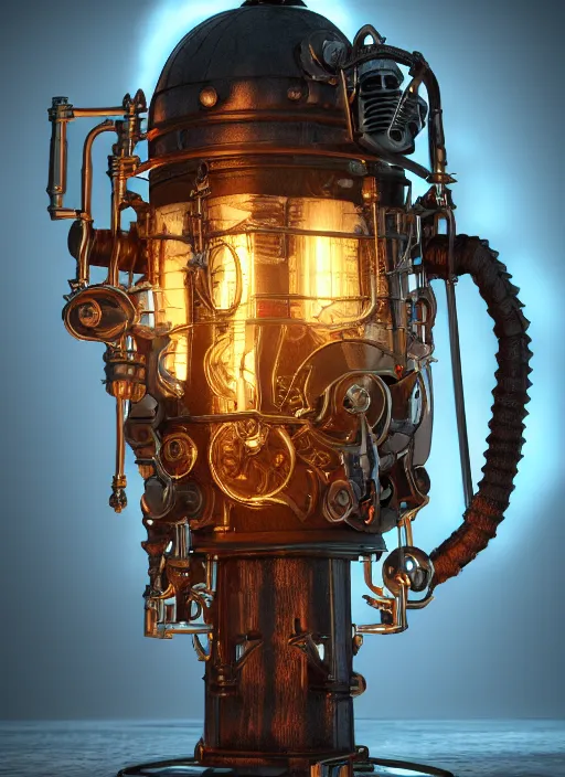 Image similar to steampunk lavalamp, intricate detail, volumetric lighting, epic composition, hyper detailed, ultra realistic, sharp focus, octane render, blue moon, volumetric, ray tracing, artstation trending, cgsociety, sense of awe, swirling mist, 4 k