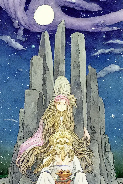 Image similar to a hyperrealist studio ghibli watercolor fantasy concept art of a giant long haired grey witch in lotus position sitting on top of stonehenge with a starry sky in the background. a ufo is in the sky. by rebecca guay, michael kaluta, charles vess