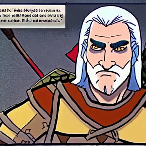 Prompt: animation screencap from the Geralt of Rivia and Teenage Mutant Ninja Turtles cartoon crossover episode in the 1990s