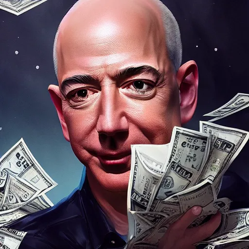 Prompt: jeff bezos swimming in a pool of cash, 4 k, photography, extremely detailed, digital art, trending on artstation, greg rutkowski, cinematic lighting, hyperrealistic