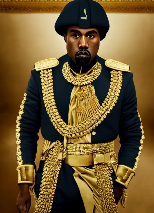 Image similar to kanye west as muammar kadhafi and emperor napoleon, splash art, movie still, detailed face, cinematic lighting, dramatic, octane render, long lens, shallow depth of field, bokeh, anamorphic lens flare, 8 k, hyper detailed, 3 5 mm film grain