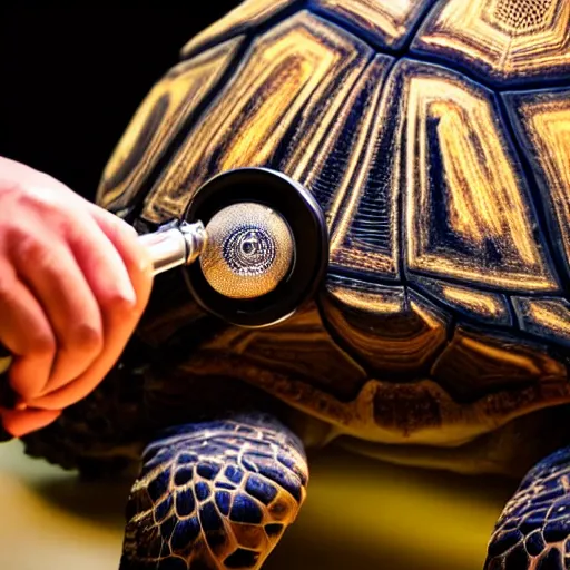 Image similar to doctor using a stethoscope to examine a tortoise under bright operating room lights, closeup, wide angle, backlit