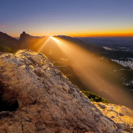 Image similar to uma criatura estranha segurando uma fonte de luz no topo de uma montanha