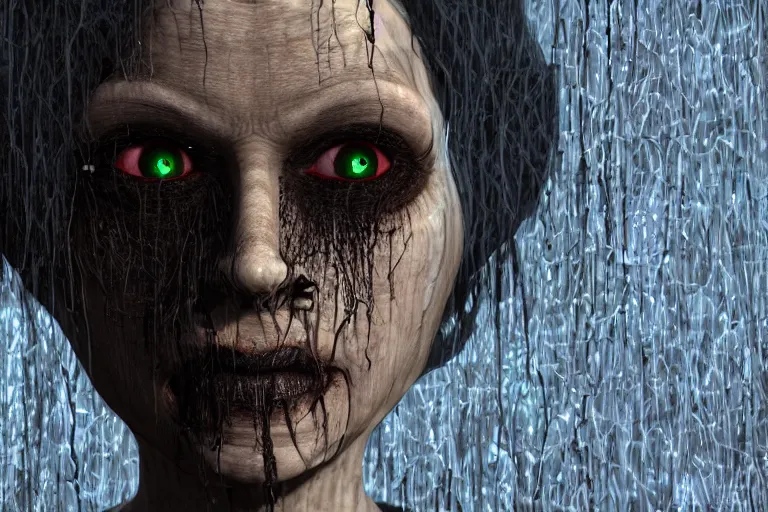 Image similar to creepy ugly witch portrait stuck in the matrix, glitchy, buggy, playstation 1 graphics, low poly 3 d render, creepypasta, volumetric lighting, dramatic, octane render, scary, horrific, award - winning, detailed, weird, close - up, featured on artstation, strange, off - putting, demonic, odd, atmospheric, ambient, spooky
