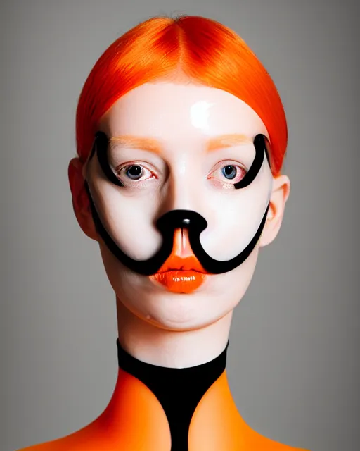 Image similar to symmetrical close - up portrait of a woman wearing a translucent silicone beauty mask and orange hair, wearing a black bodysuit by alexander mcqueen, black background, soft diffused light, biotechnology, humanoide robot, bjork aesthetic, translucent, by rineke dijkstra, intricate details, highly detailed, masterpiece,