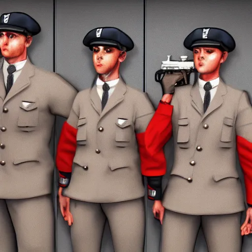 Prompt: security officers from with glowing red skin in vintage beige uniforms and caps with blue pants holding submachine guns in a brutalist office setting trending on artstation digital painting 4 k sharp detail clear accurate high quality