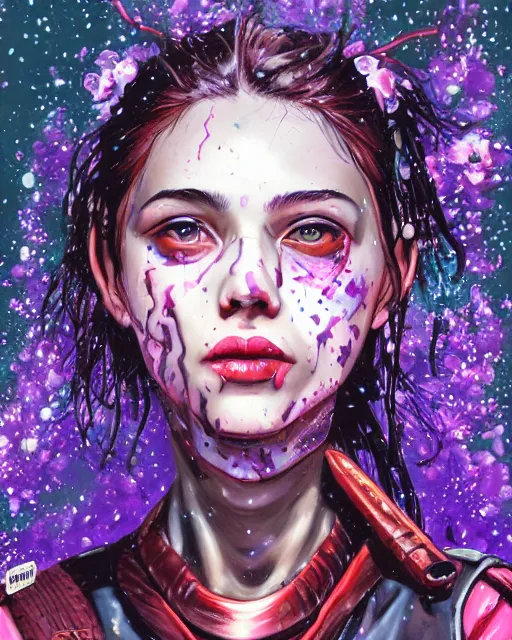 Image similar to an epic fantastic realism comic book style portrait painting of a purple - eyed girl, cherry blossom rain everywhere, apex legends,