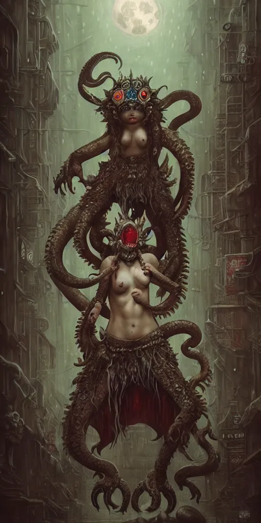 Image similar to hyper realistic Princess Mononoke fighting Cthulhu , ornate mask, wet market street, rainy atmosphere, full moon, cyberpunk metropolis, city landscape, jewels, full body pose, wolves, style of tom bagshaw, mucha, james gurney, norman rockwell, denoised, sharp