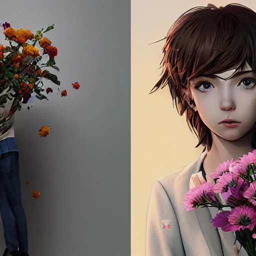 Image similar to Clothed,worksafe.at CGSociety by WLOP,ilya kuvshinov,krenz cushart,Greg Rutkowski,trending on artstation.Zbrush sculpt colored,Octane render in Maya,Houdini VFX.A boy who fall in love, holding flowers bouquet.Cinematic dramatic atmosphere,sharp focus,soft volumetric studio lighting.